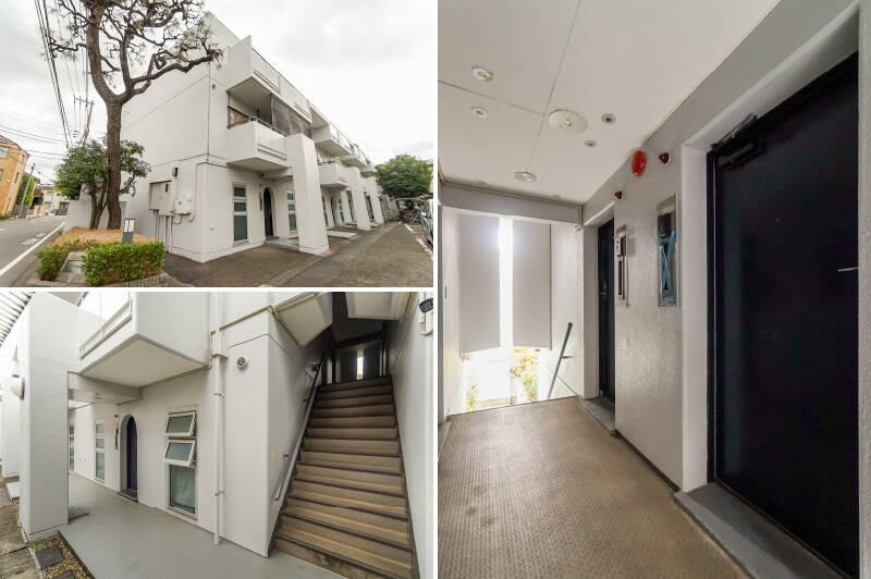 <b>左上・</b>地上3階建て・総戸数12戸のプライベート感あるマンション。敷地の塀に沿うように、平置きの駐車場も備わっています。／<b>左下・</b>共用ホールやエレベーターは無く、住戸へはブロックごとに設置された専用の階段でアクセスします。抜かりなく防犯カメラ完備です。／<b>右下・</b>手前がご紹介の住戸。スリットから射し込む自然光がアートっぽくてカッコいいのでご注目あれ。
