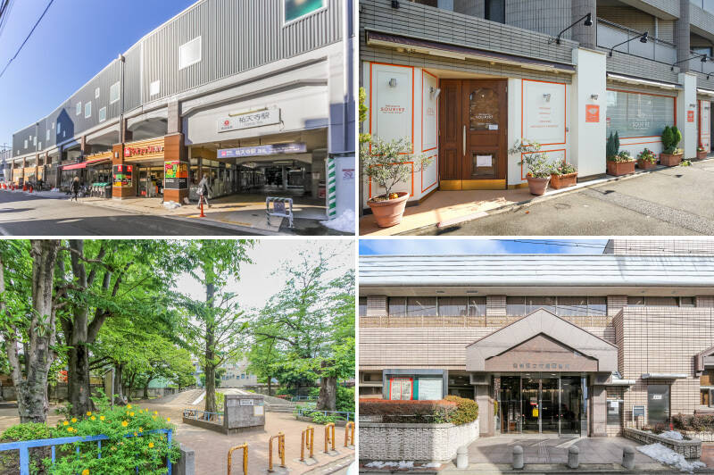 <b>左上・</b>東急東横線「祐天寺」駅は「渋谷」から3駅目という近さのうえ、深夜0時まで営業の「東急ストア 祐天寺店」が直結していて便利です。お買い物はこちらへ！／<b>右上・</b>「Patisserie SOURIRE（パティスリー・スリール）」の店内には、可愛いケーキや焼き菓子がずらり。イートインもできますよ。（徒歩4分）／<b>左下・</b>愛犬のお散歩には、ポプラの木陰が涼しげな「田切公園（たぎりこうえん）」はいかがでしょうか。（徒歩4分）／<b>右下・</b>読書家さんに朗報。「目黒区立守屋図書館」がご近所ですよー！（徒歩5分）