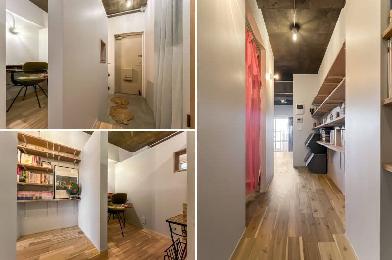 <b>左・</b>廊下を進むと、腰壁で仕切られたサービスルームが現れます。売主さまのようにデスクを置けば、コワーキングスペースのブースのような雰囲気で、作業にしっかり集中できそう。/<b>右・</b>LDKへと続く通路には可動棚がオープンに備わっています。見せる収納で、好みを際立たせる空間づくりを楽しめそうです。