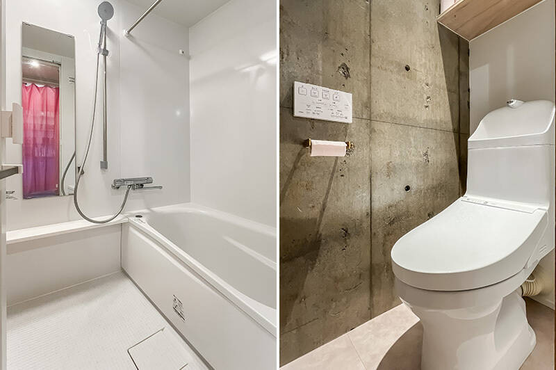 <b>左・</b>浴室乾燥機付きのユニットバス。/<b>右・</b>トイレには玄関近くからアクセスする間取りです。壁を一部コンクリートにすることで、カフェの水まわりのような雰囲気に。