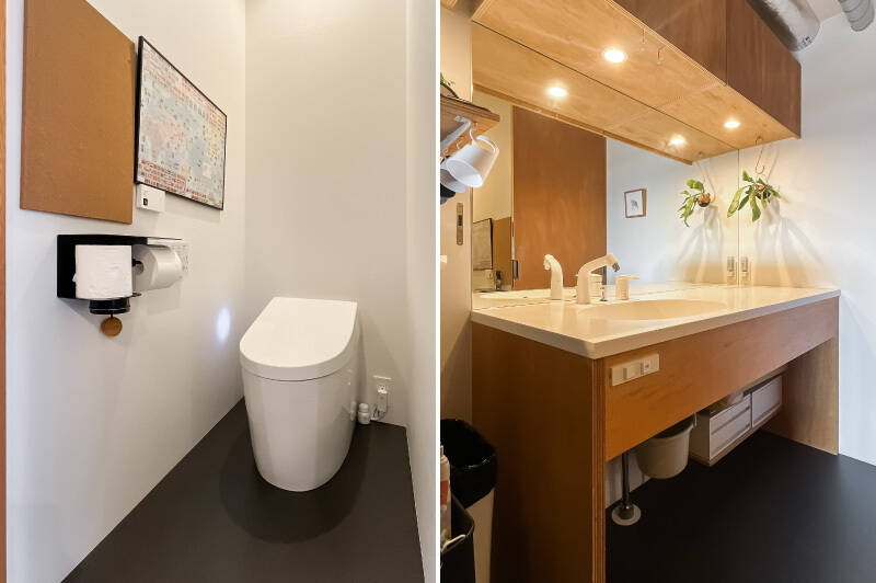 さらに進むと洗面台とトイレが向かい合っています。玄関から水まわりにかけて、お掃除がしやすいように床が切り替わっているのもポイント。