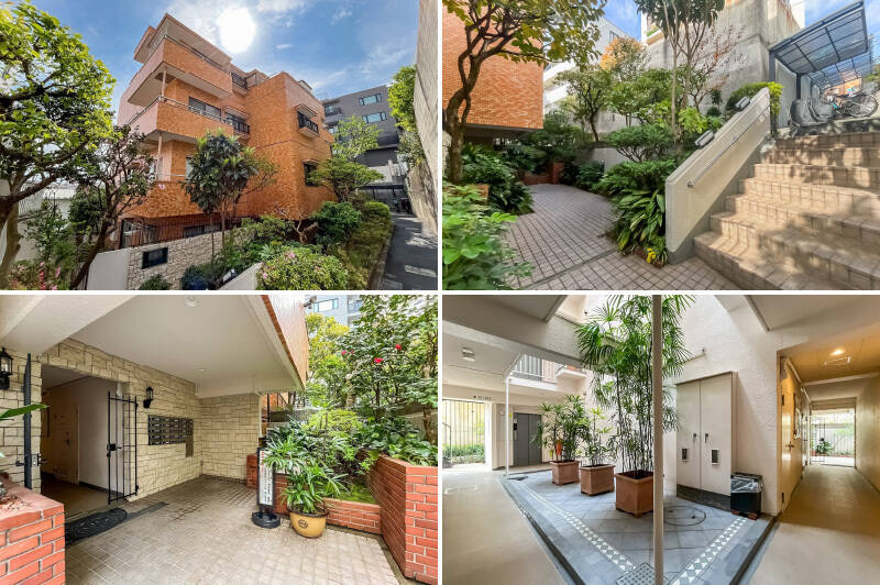 <b>左上・</b>傾斜地に建つ、1981年竣工・総戸数21戸のマンション。／<b>右上・</b>メインエントランスは階段を下りたところにあります。／<b>左下・</b>門扉やポーチライト、ベージュの外壁がクラシカルな印象で可愛らしいメインエントランス。サブエントランスも同様に、階段アプローチです。／<b>右下・</b>吹き抜けが心地よい共用ロビー。