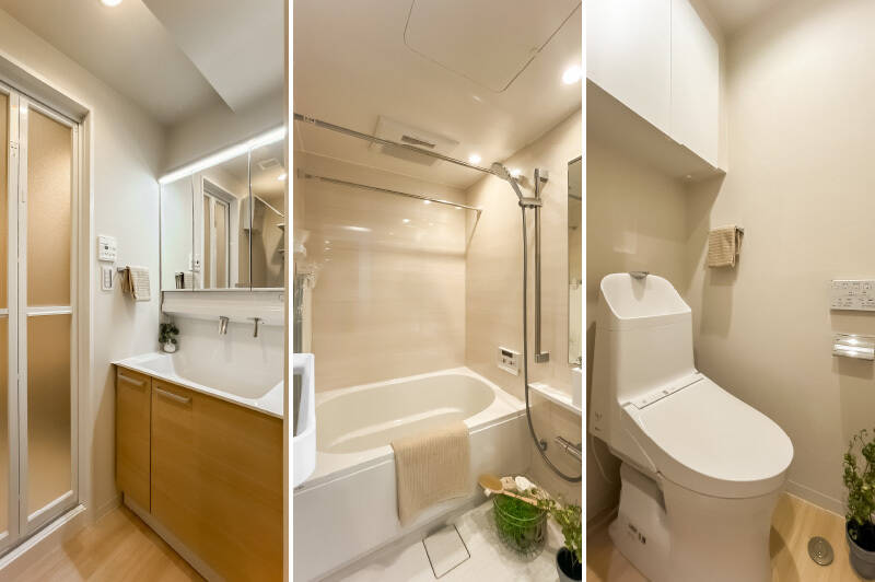 内装の雰囲気と合った水まわり。1216サイズのバスルームは、浴室乾燥機付きです。