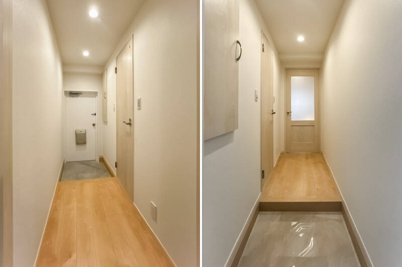 シューズボックスは玄関の少し高めの位置にあります。コンパクトなサイズ感なので、よく履く靴はこちらへ、出番の少ないものはクローゼットにしまっておくとよさそうです。