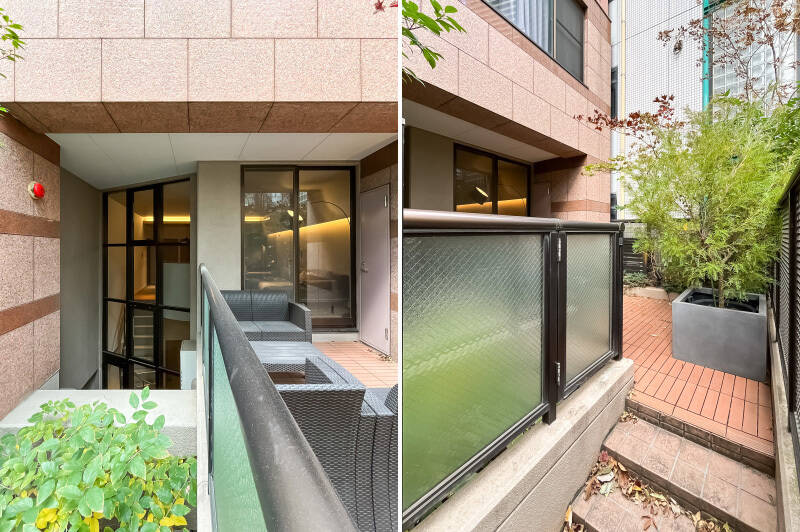 <b>左・</b>通り側から見たカット。テラス出入り口の横には小さな物入れがあるため、パラソルなどをしまっておくのもいいかもしれません。/<b>右・</b>テラスから続く階段を下りると……