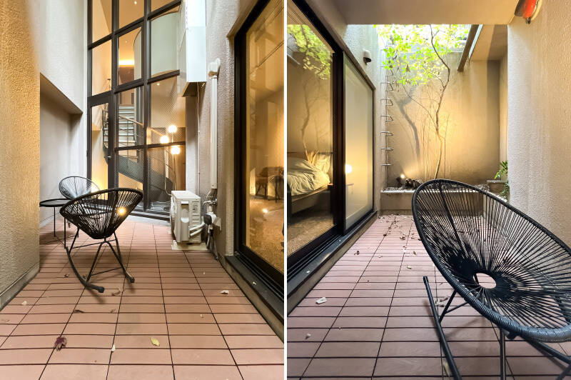 おやすみ前のひと時、夜風を感じながらゆっくりしたい空間。1階が賑やかな場合、ゲストとプライベートなお話をする場にもいいかもしれません。水栓付きですので、お掃除などに役立ちそうです。