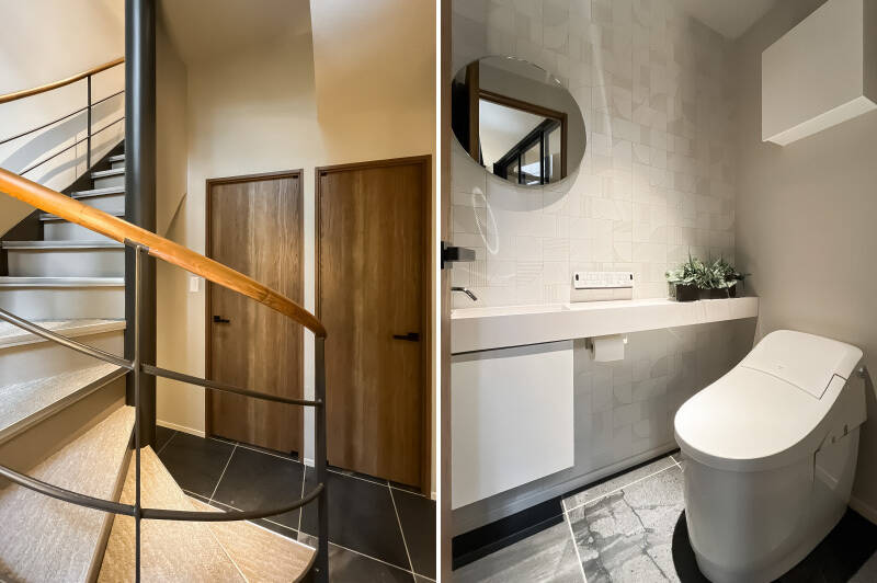 階段室にふたつ並んだ扉を順に拝見しましょう。右手のドアを開けると手洗いカウンター付きのトイレ。