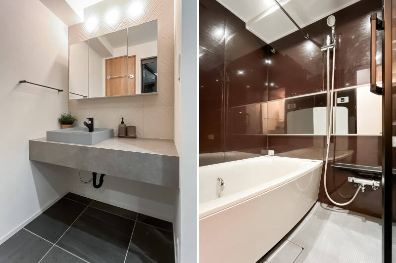 左手のドアを開けると洗面室と浴室。トイレも洗面もタイル使いが素敵ですね。洗濯機置き場は上階のパントリー横に独立しています。