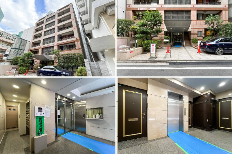 <b>左上・</b>1998年築、全37戸。外苑東通りからわずかに奥まった場所に位置しています。背後から「麻布台ヒルズ」や「泉ガーデンタワー」が顔を覗かせていますね。/<b>右上・</b>エントランス。住戸はこの真裏に所在しています。/<b>左下・</b>オートロック、宅配ボックス付きの共用ロビー。管理人さんは月から土曜日の8時から11時まで勤務されています。/<b>右下・</b>エレベーター向かって左側がご紹介した住戸の玄関ドアです。