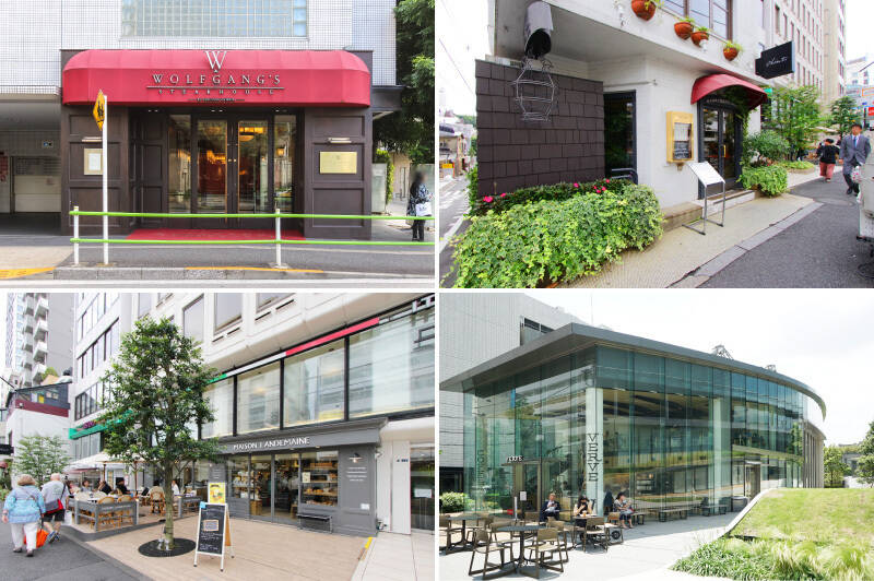 <b>左上・</b>ニューヨーク発のステーキハウス「Wolfgang’s Steakhouse 六本木」。名物は迫力満点のTボーンステーキです。(徒歩4分)/<b>右上・</b>数々の著名人から社交場として愛されてきた1960年創業の「Chianti(キャンティ)飯倉片町本店」。ドレスコードとしてスマートカジュアルで足をお運びください。(徒歩4分)/<b>左下・</b>パリ発で天然酵母を使用したパンがいただける「MAISON LANDEMAINE(メゾン ランドゥメンヌ)麻布台」。朝食にぜひ。(徒歩3分)/<b>右下・</b>コーヒーブレイクや軽めの打合せに利用したい「VERVE(ヴァーヴ)COFFEE ROASTERS 六本木」。(徒歩2分)