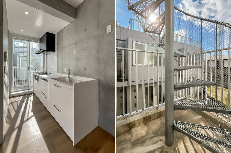 <b>左・</b>キッチンは3口コンロタイプで食洗機付き。奥に見えるガラスドアを開けると……？／<b>右・</b>まるで天空へと続くような螺旋階段が。