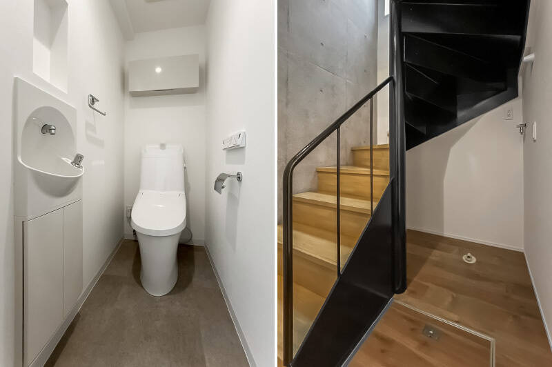 <b>左・</b>トイレは洋室Ａ近くに位置します。／<b>右・</b>洗濯機置き場は階段下のスペースに。