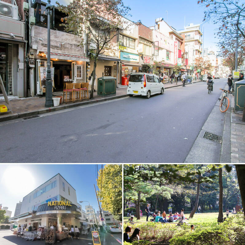 <b>上・</b>「広尾散歩通り」は大使館が点在し、日本在住の外国人が多く行き交うエリアです。／<b>下・</b>輸入食品の品揃えが豊富なスーパー「ナショナル麻布」（徒歩13分）は、都心のオアシス「有栖川宮記念公園」（徒歩12分）のすぐ側にあるので、ペットと公園をお散歩した帰りにぜひ。