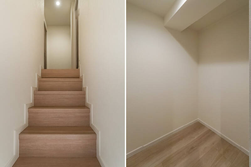 <b>左・</b>階段はやや急なので、足腰が鍛えられるかも？ 7階に上がると、洋室Ａ・洋室Ｂ、納戸、収納、トイレ（その1）があります。／<b>右・</b>まずは納戸をオープン。テレワーク用のボックスほどの大きさがあり、デスクを置いたらちょっとした仕事場としても使えるのでは、なんて感じました。