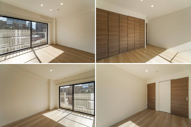 上が約7.3帖の洋室Ａで、下が約8.1帖の洋室Ｂ。7階にあるふたつの洋室は、いずれも南向きのバルコニーに面しており、日当たり花マルです。どちらの部屋の収納も頼もしい大きさですので、ご内見時にはぜひ開けて確認してみてください。