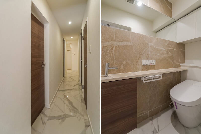 <b>左・</b>LDKを背にして玄関方向を見たカット。足元は、つるりとした石調のタイル貼りです。／<b>右・</b>こちらは6階にあるトイレ（その2）。大きなミラーや手洗い器が備わっており、高級感を感じる仕上がりです。