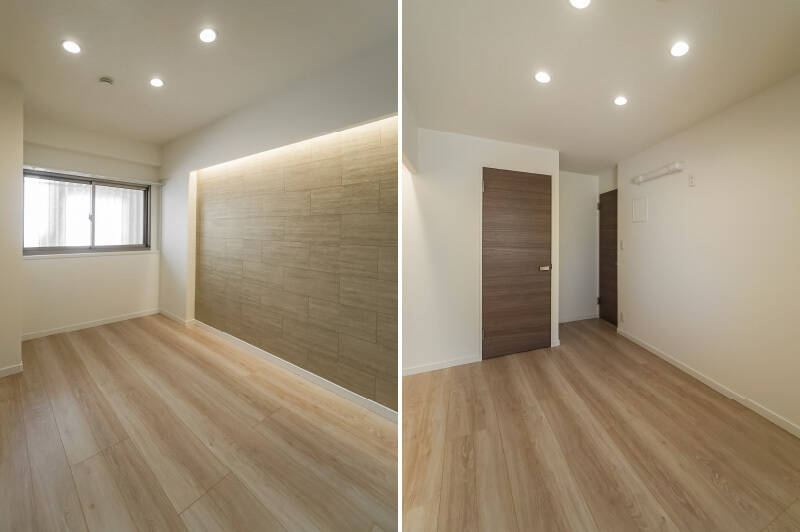 <b>左・</b>約7.9帖の洋室Ｃは玄関側に位置しており、共用部に面した北向きの窓があります。／<b>右・</b>窓の反対側には、奥行きの深いウォークインクローゼット（WIC）が備わっています。やっぱりどの部屋も収納力が高いです！