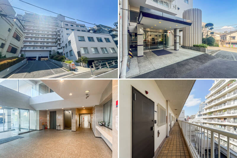 <b>左上・</b>ゆとりある敷地に建つ、1970年生まれ・2棟合わせて総戸数100戸のビッグコミュニティ。2017年に直近の大規模修繕工事、2025年に屋上防水工事を実施済みです。／<b>右上・</b>交通量の少ない道路からスロープ状のアプローチを通ってエントランスに到着。／<b>左下・</b>二層吹き抜けになった重厚感ある共用ロビー。管理人さんは住込みで週6日勤務されており、時代に合わせて宅配ボックスも追加装備されていますよ◎／<b>右下・</b>敷地内駐車場に面した外廊下。玄関ドアは2008年にマンション全体で新規交換されています。