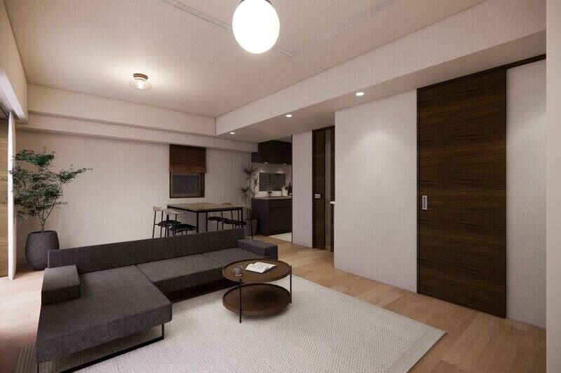 濃い木目が差し色となることで、空間がグッと落ち着いた雰囲気に。