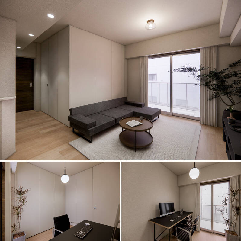 <b>上・</b>ウォール建具を設置したイメージがこちら。／<b>下・</b>洋室Aは約3.6帖のお籠もり感ある空間。ワークスペースとして使えるほか、シングルベッドを置いて寝室としても利用できますよ。