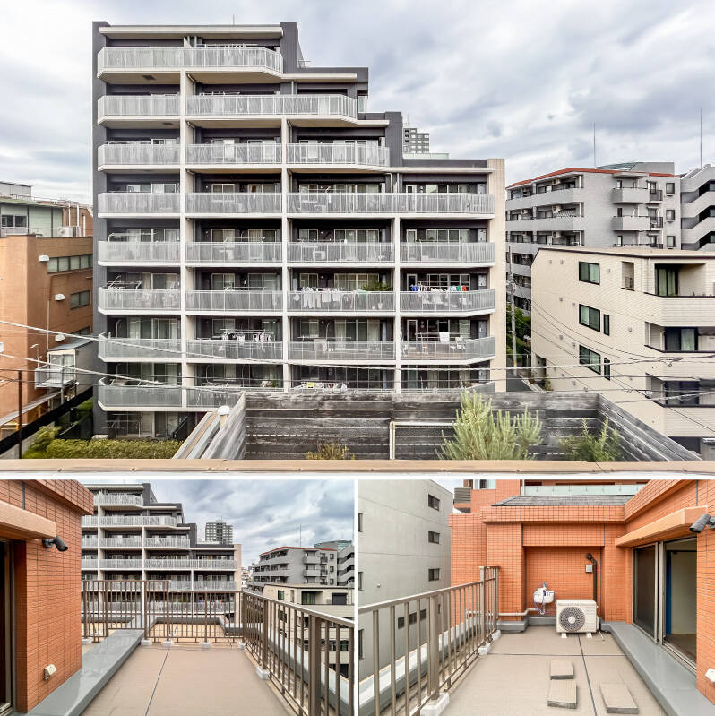 こちらも正面に建物が立っているものの、通りを挟んでいるため、距離は取れていますよ。ルーフバルコニーの広さは約16㎡です。