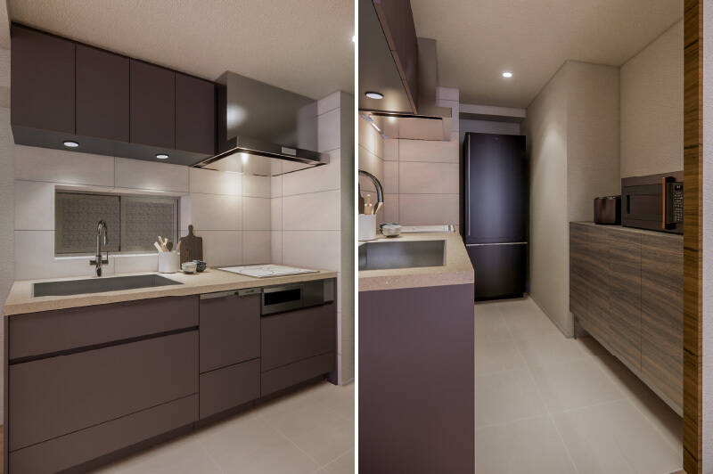 大判のタイルがあしらわれた、食洗機・IHクッキングヒーター完備のシステムキッチン。換気用の窓があるので、臭いがこもることはなさそう。背面にはカップボードを置けるスペースを用意します。