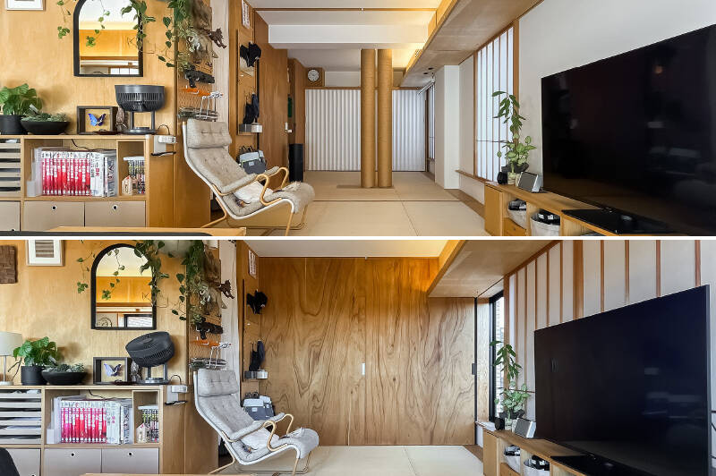 住戸の北東側は一面畳敷き。コアから引き戸を取り出すと、真ん中で空間が分かれるようになっています。