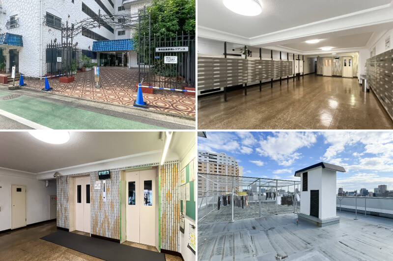 お城のような門を抜けて中へ……共用部は清掃が行き届いており、築年数が経過しているとは言えど隅々まできれいな印象です。屋上には住民専用の物干しスペースがあり、青空の下を洗濯物が泳いでいます。