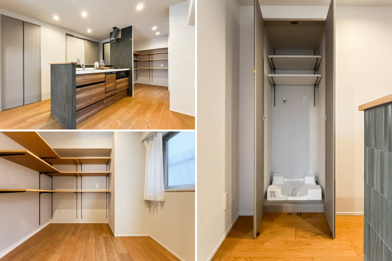 <b>左上・</b>キッチンは3口コンロタイプで、食洗機付き。袖壁には縦長タイルをあしらい、渋くて可愛いデザインに。レンジフードは後日設置予定です。／<b>左下・</b>憧れのパントリースペース！ ラワン板の可動棚が備わっているので、こちらをお気に入りのうつわやキッチン家電の “住所” に。／<b>右・</b>洗濯機置き場は扉付きで、キッチン正面に配置。家事効率にも配慮しています。