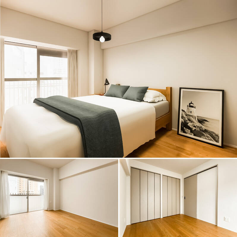 洋室は、やわらかな光が心地いい北東向き。ダブルベッドを無理なく置ける広さです。クローゼットはふたつに分けて設置することで、用途別の収納を可能にしています。（上・CG画像）