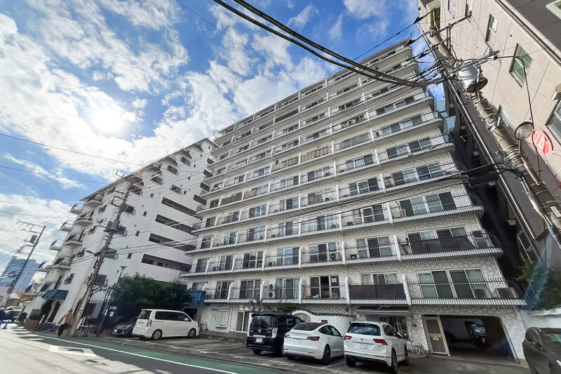 賑やかな目黒通りから一本入った場所にどっしり構える、総戸数239戸の大規模マンション。青い瓦屋根と白亜の外壁が特徴の、“秀和レジデンス” シリーズの建物です。