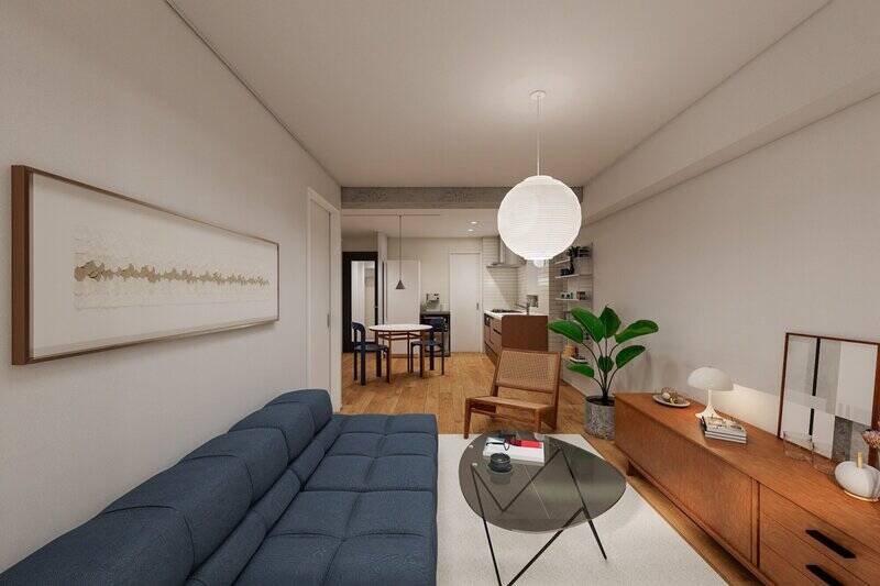 窓を背にしたCGイメージのカット。躯体現しの梁（はり）を境にリビングとダイニングのスペースを緩やかに分け、それぞれに家具やアートをゆったりと飾れる広さを確保します。