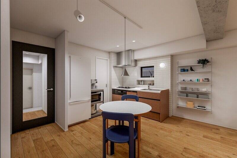 キッチンがまだ一部工事中なので、CGイメージでご紹介。3口コンロタイプで食洗機付き。