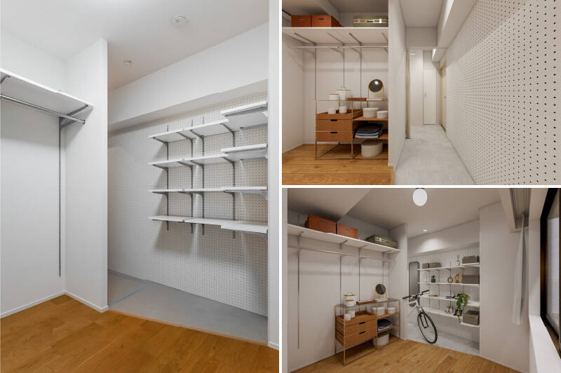 <p><b>左・</b>土間部分の壁には有孔ボードと可動棚を設置し、見せる収納を楽しめるようになっています。／<b>右・</b>こちらはCGイメージ。</p>