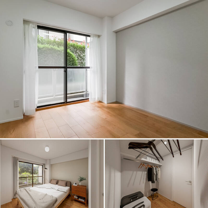 <p><b>上・</b>洋室はLDKと同じく南西向き。写真右手の壁には、アクセントクロスを貼り、反対側の壁にはピクチャーレールを設置します。／<b>左下・</b>こちらはCGイメージ。ダブルベッドのほかに、サイドボードなどを置ける広さです。／<b>右下・</b>こちらもCGイメージにて、ウォークインクローゼット（WIC）をご紹介。シーズンオフのアイテムや使用頻度の低い家電、スーツケースなどをまるっと収納できます。</p>