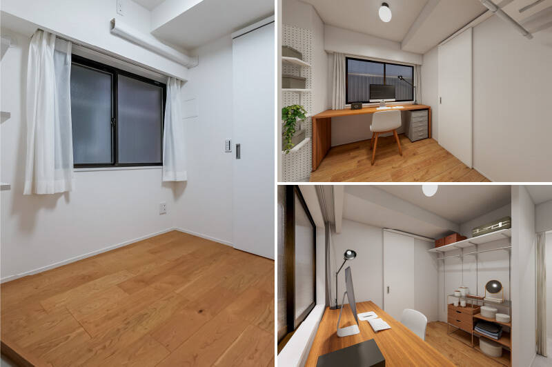 <p><b>左・</b>冒頭でご紹介したサービスルームには、北東向きの窓があります。／<b>右・</b>こちらの2枚はCGイメージ。窓辺にデスクを置いて、書斎としてご利用いただくこともできますよ◎</p>