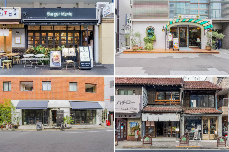 <b>左上・</b>恵比寿駅からマンションに向かう途中には、ボリューミーなグルメバーガーが揃う「<b>Burger Mania EBISU（バーガーマニア エビス）</b>」が。テイクアウトはもちろん、天気がいい日はテラス席の利用もおすすめです。（徒歩7分）／<b>右上・</b>「真のナポリピッツァ協会」認定の本格ナポリピッツァと南イタリア料理が人気の「<b>Partenope（パルテノペ）恵比寿店</b>」。白と水色のオーニングが目印です。（徒歩5分）／<b>左下・</b>「<b>海南鶏飯（ハイナンジーファン）食堂 恵比寿</b>」では、ハイナンチキンライスなどシンガポールの名物料理をいただけます。ラクサやホッケンミーも病みつきになるお味！（徒歩6分）／<b>右下・</b>広尾方面に歩くと、日本家屋を改装したカフェ「<b>HAPPY HOUR（ハッピーアワー）</b>」が。居心地のよい空間で味わうサラダやサンドイッチが絶品です。（徒歩5分）