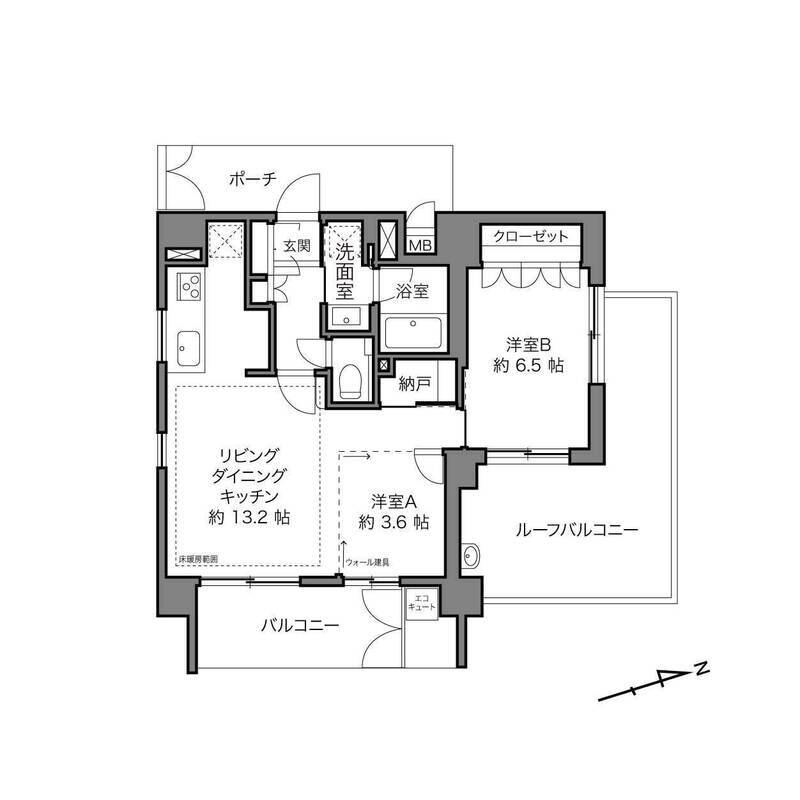 廊下はコンパクト、キッチンは壁付けにし、生活空間にゆとりを持たせた2LDKの間取り。LDKの一角はウォール建具を設置することで、個室を設けることができるようになっています。