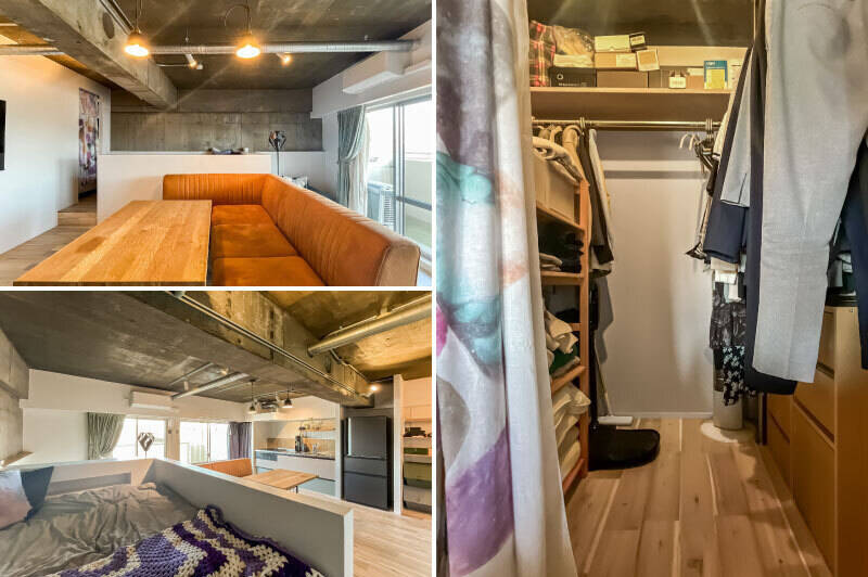 <b>左・</b>LDKの隅には、腰壁に囲まれたベッドスペースが。/<b>右・</b>収納として、オープンタイプのウォークインクローゼット(WIC)を設置済みです。