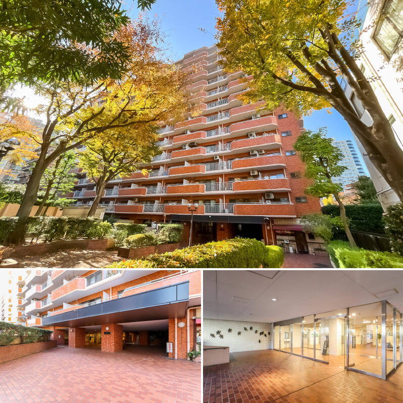 大手ゼネコン・清水建設により施工された、1978年築、総戸数327戸のビッグコミュニティ。門扉をくぐると立派な植栽に囲まれた外観が見えてきます。エントランス横には羽ばたく鳥のウォールアート。