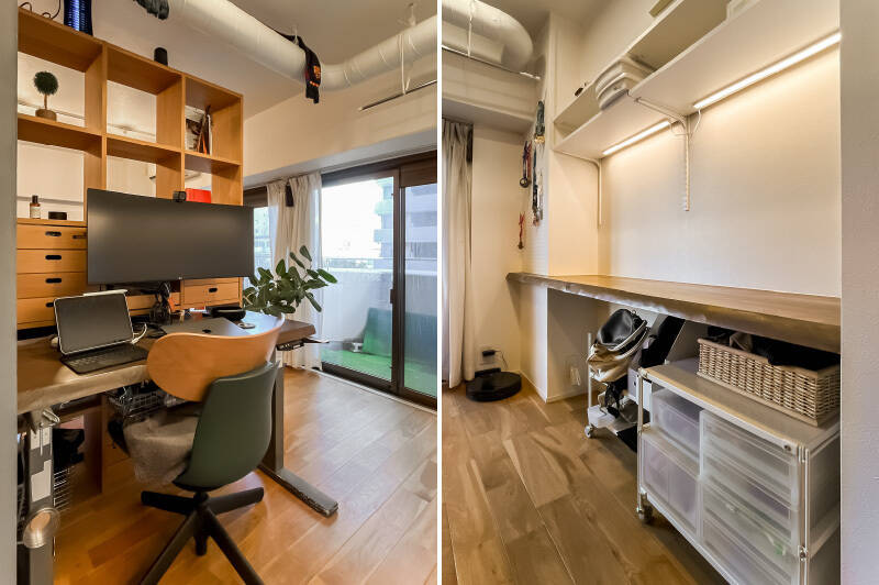 <b>左・</b>オープンシェルフの一部は引き出しになっていて機能的。／<b>右・</b>デスクの背面にも一枚板のカウンター。おふたりで暮らされる場合、背中合わせでお仕事することもできそうです。