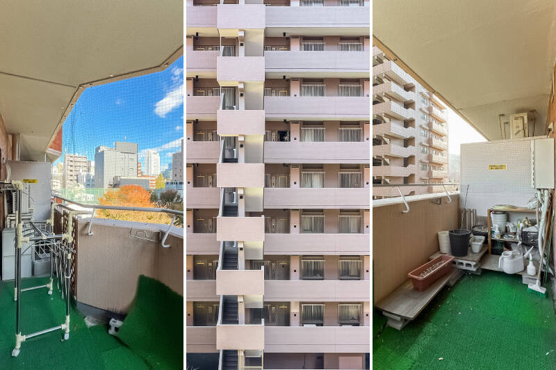 正面には別のマンションが建っていますが、共用廊下と向き合う形なので常時人目が気になることはなさそう。現在は鳥よけのネットがかけられています。