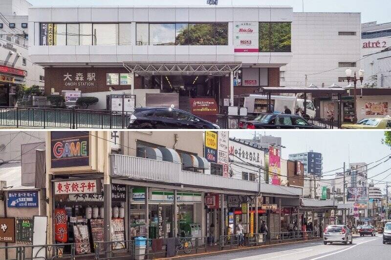 <b>上・</b>最寄りは、都心へのアクセスに優れたJR京浜東北線「大森」駅（徒歩8分）。駅直結のショッピングモール「アトレ大森」のほか、駅周辺に飲食店や生活利便施設が集まっています。／<b>下・</b>物件へは「大森駅山王口商店会」を通るルートが便利そう（徒歩7分）。急ぎの場合は、階段を使ってちょっとショートカットすることも可能です。