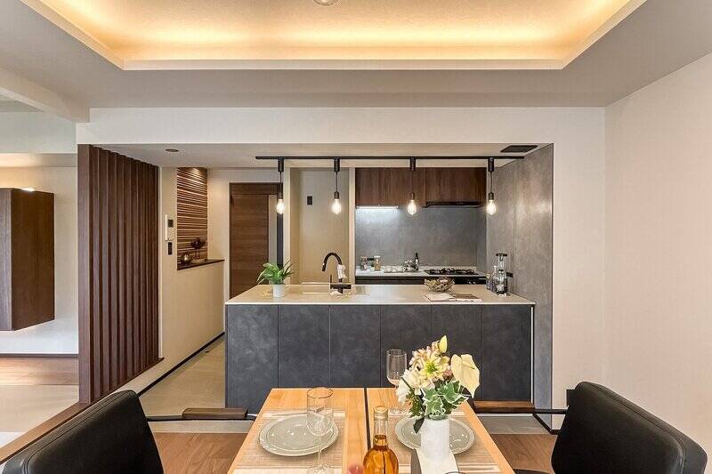 Ⅱ型のキッチン。キッチン本体には、ダイニングテーブル側から利用できる収納が付いています。