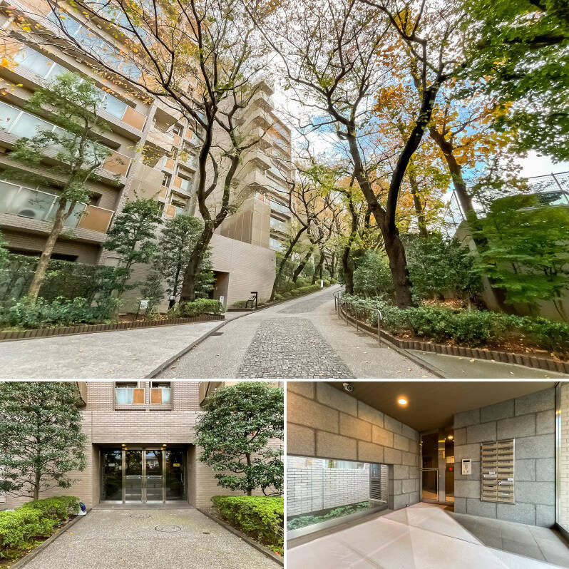 <b>上・</b>閑静な住宅街に現れる、豊かな植栽に守られた約7,600㎡の広大な敷地……複数棟から成る、総戸数131戸のビッグコミュニティです。1989年生まれの新耐震基準に適合した建物ながら、すでにヴィンテージマンションらしい風格が漂ってます！／<b>下・</b>エントランスにはオートロックが備わっていますよ。