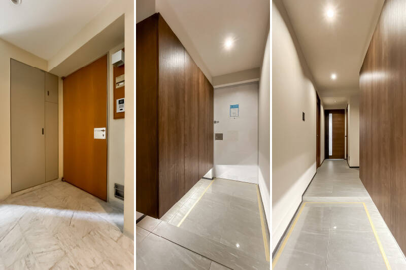 <b>左・</b>エレベーターを降りると2住戸のみとプライバシー性に配慮されたつくりです。／中央・玄関は余裕がある広さ。下足入れもたっぷり備わっています。／<b>右・</b>玄関〜廊下はタイル貼りで高級感があります。