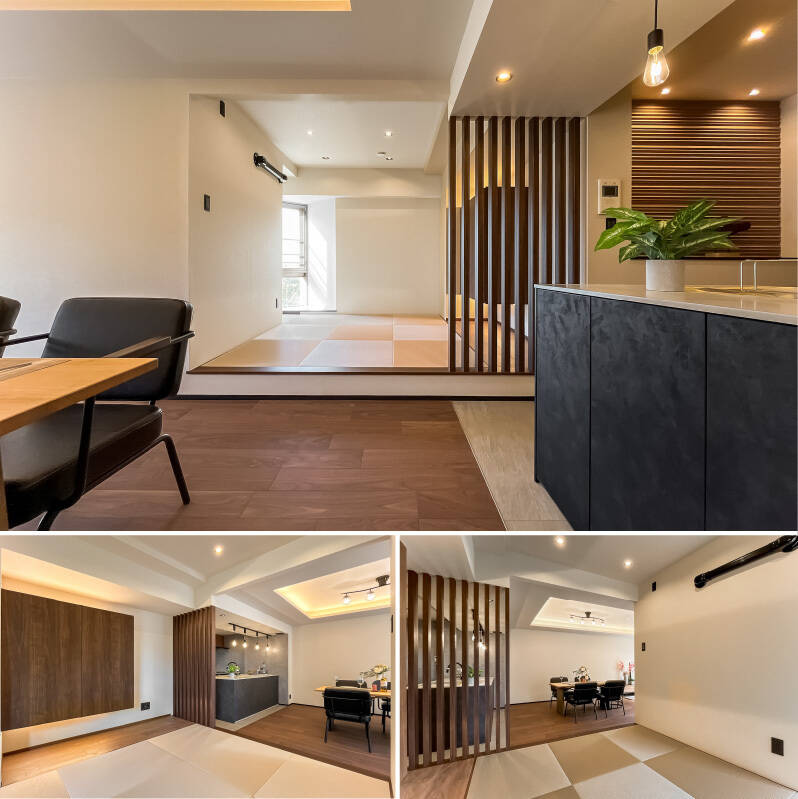 約4.9帖のオープンな和室スペース。LDKより一段高くなっており、リラックスするスペースとして最適！開き戸タイプの収納も備わっています。