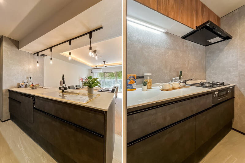 <p><b>左・</b>キッチンは食洗機付き。／<b>右・</b>コンロは3口タイプ。上吊り収納も備わっていますよ。</p>