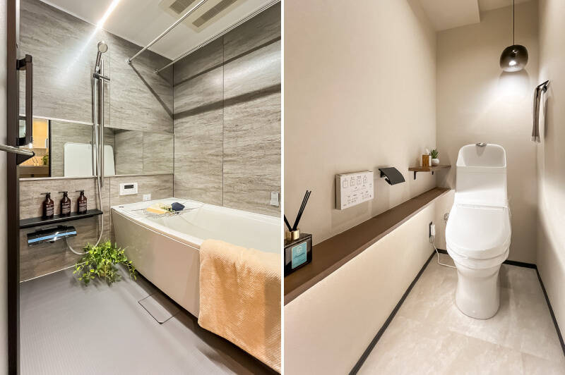 <b>左・</b>浴室乾燥機付きの1418サイズのユニットバス。／<b>右・</b>廊下からアクセスするトイレ。カウンターには小物を飾れます。