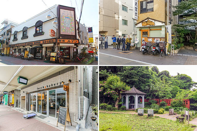 <b>左上・</b>都内でも有数のレトロ喫茶として知られる「珈琲亭ルアン」。古き佳き昭和の時代に浸りましょう。（徒歩7分）／<b>右上・</b>老舗の天ぷらやさん「天冨久（てんふく）」は、お手頃価格のランチ天丼を求めて行列ができるお店です。（徒歩9分）／<b>左下・</b>このエリアらしいおしゃれなベーカリー「Torch.bakery（トーチドットベーカリー）大森」が徒歩4分というご近所に。モーニング営業もあるのがうれしいポイントです！／<b>右下・</b>「山王花清水公園」は桜・紫陽花・色づく銀杏などを楽しめる自然チャージスポット。季節ごとに訪れたいですね♡（徒歩6分）